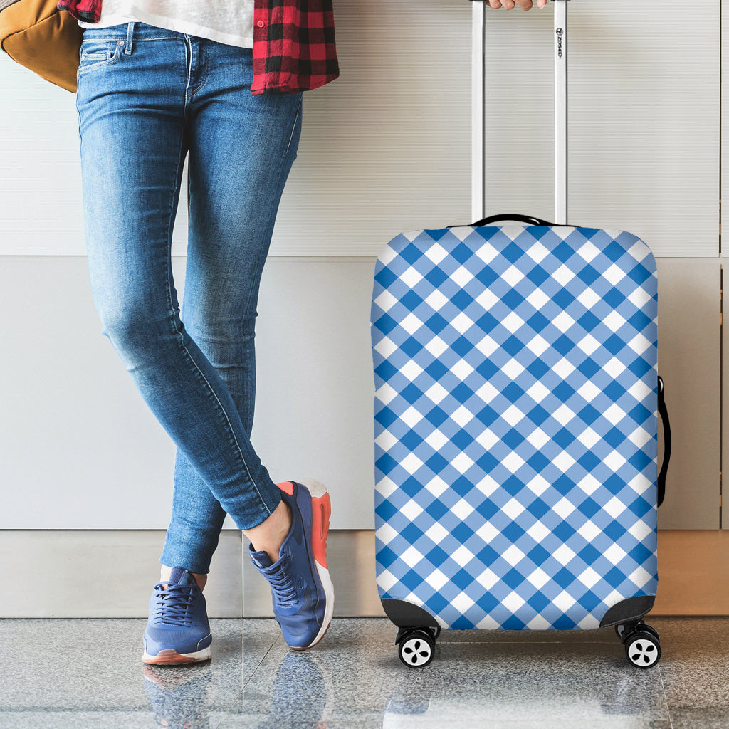 Steel Blue And White Gingham Print Luggage Cover