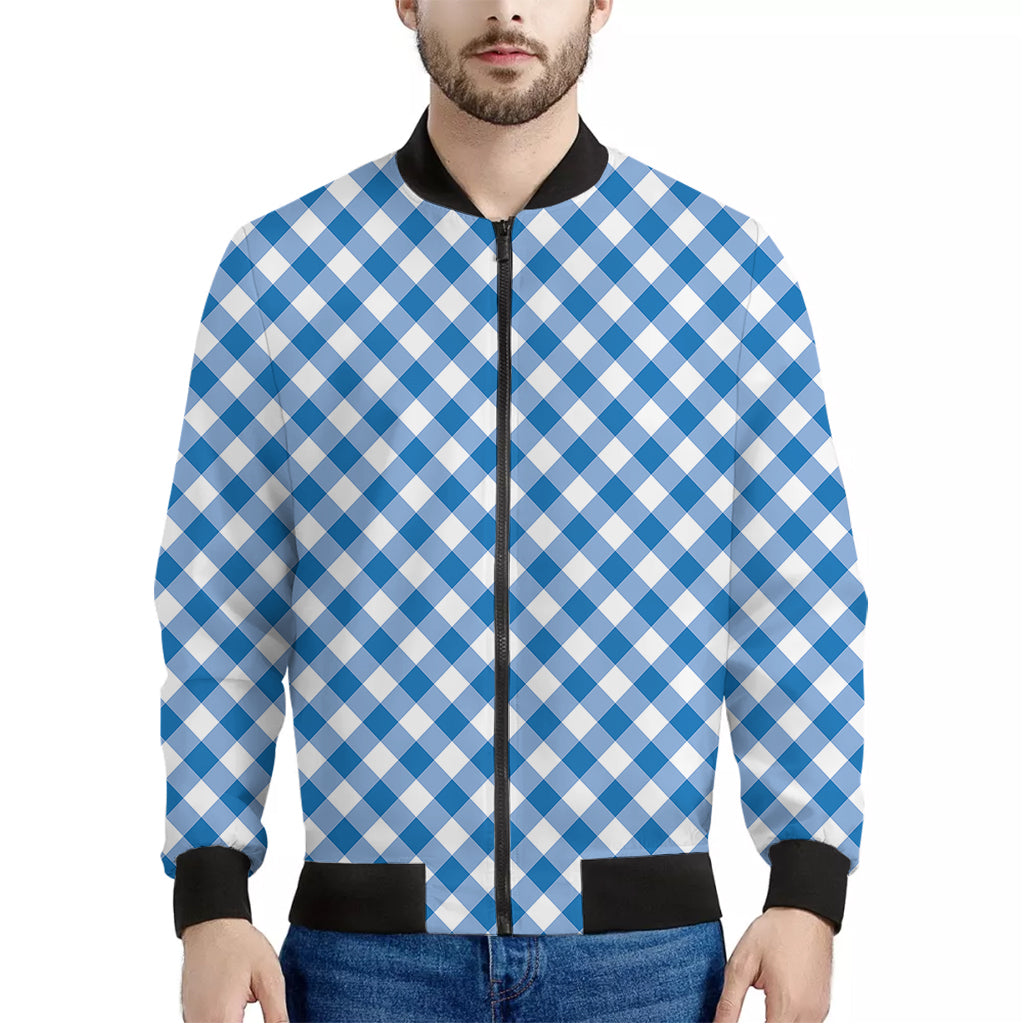 Steel Blue And White Gingham Print Men's Bomber Jacket