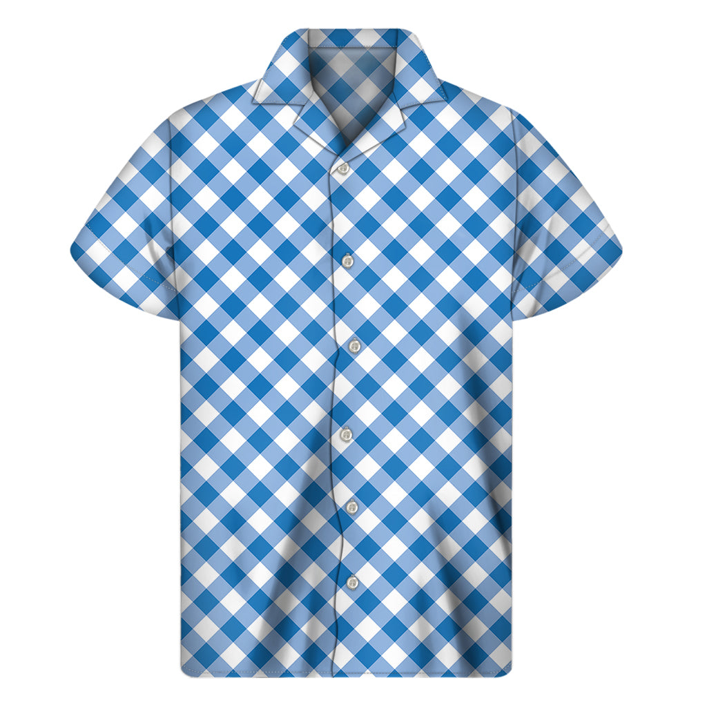 Steel Blue And White Gingham Print Men's Short Sleeve Shirt