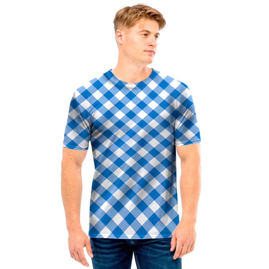 Steel Blue And White Gingham Print Men's T-Shirt