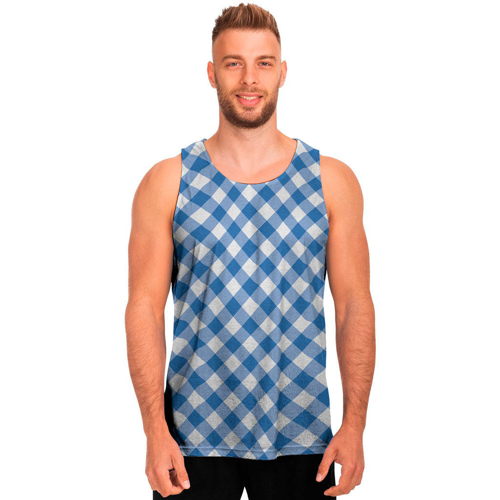 Steel Blue And White Gingham Print Men's Tank Top