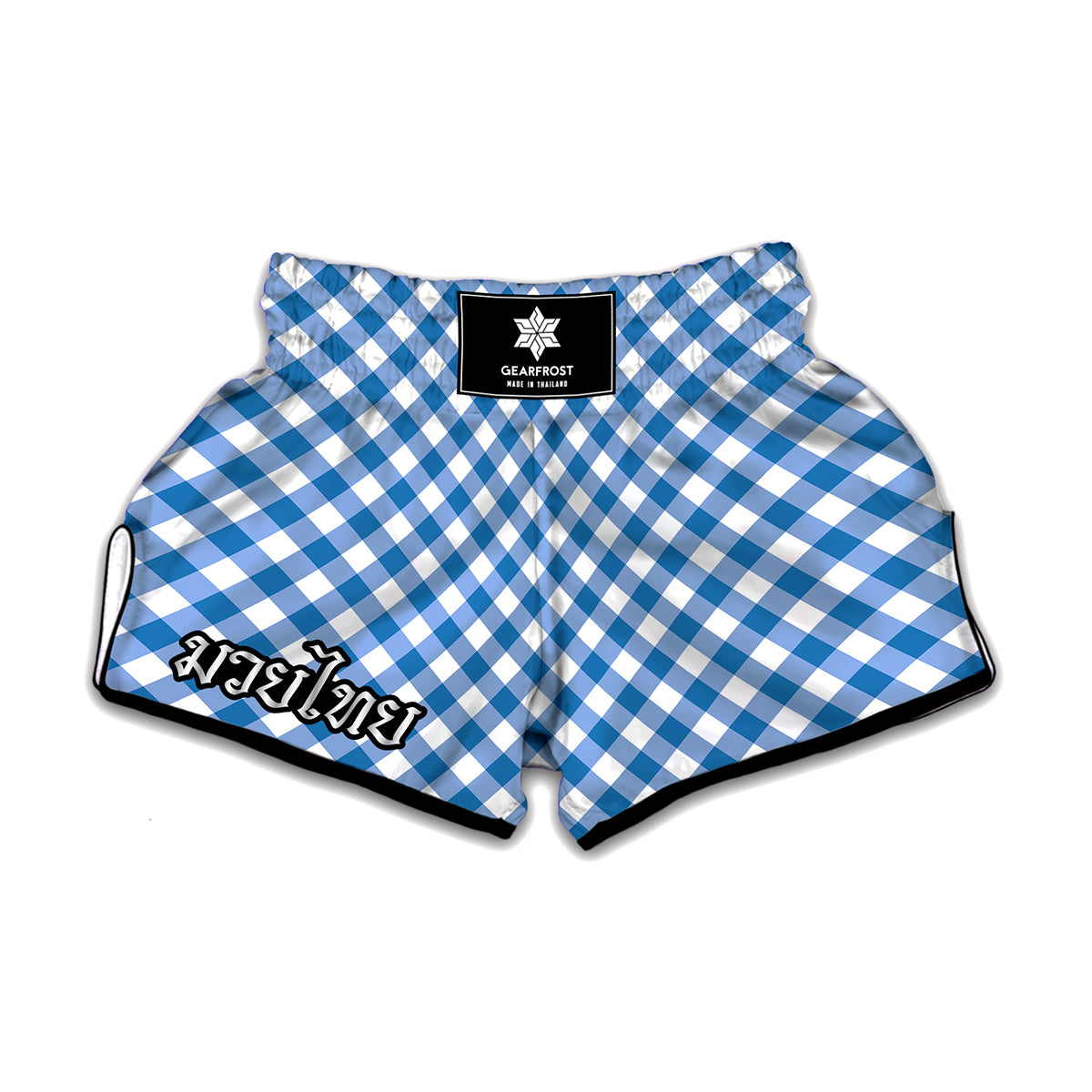 Steel Blue And White Gingham Print Muay Thai Boxing Shorts