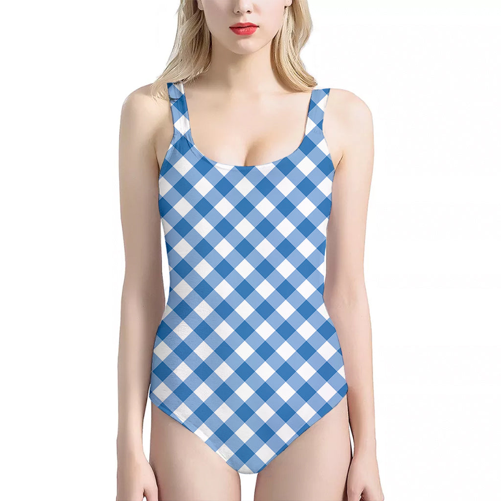 Steel Blue And White Gingham Print One Piece Halter Neck Swimsuit