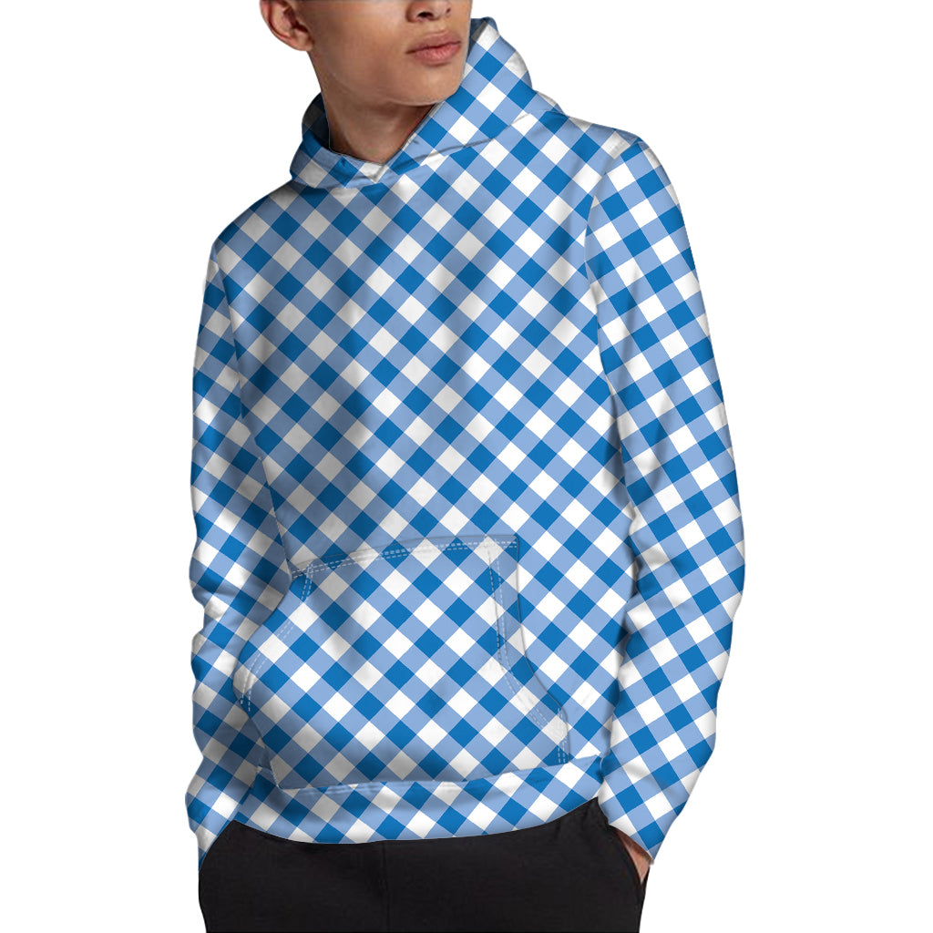 Steel Blue And White Gingham Print Pullover Hoodie