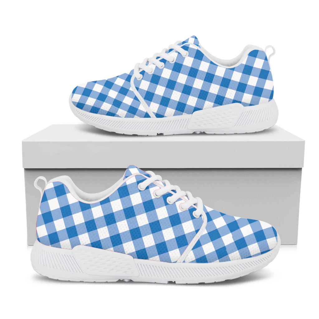 Steel Blue And White Gingham Print White Athletic Shoes