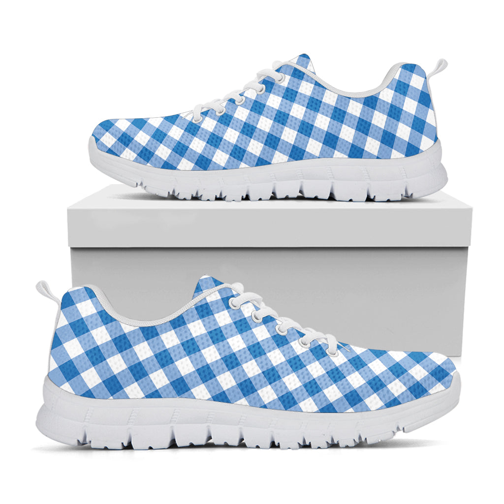 Steel Blue And White Gingham Print White Sneakers