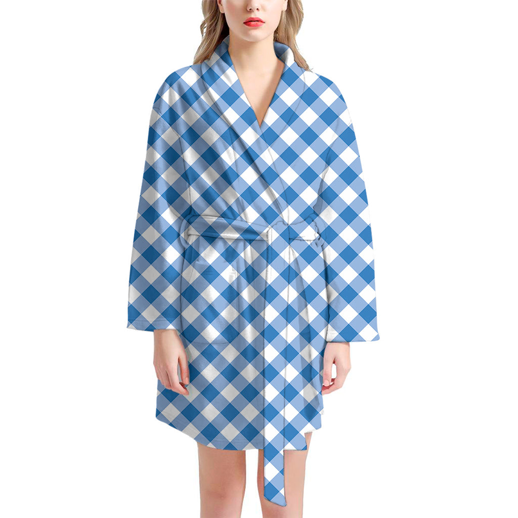 Steel Blue And White Gingham Print Women's Bathrobe