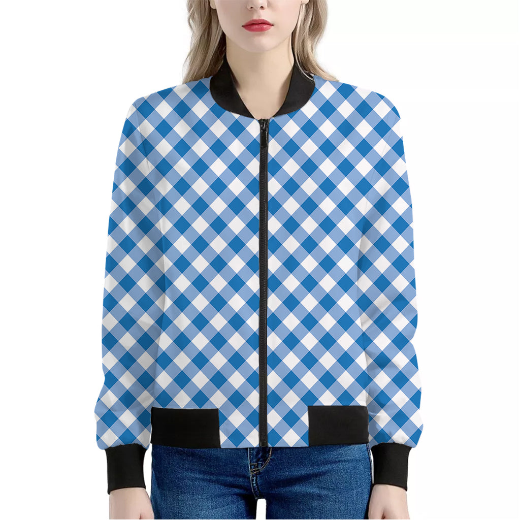 Steel Blue And White Gingham Print Women's Bomber Jacket