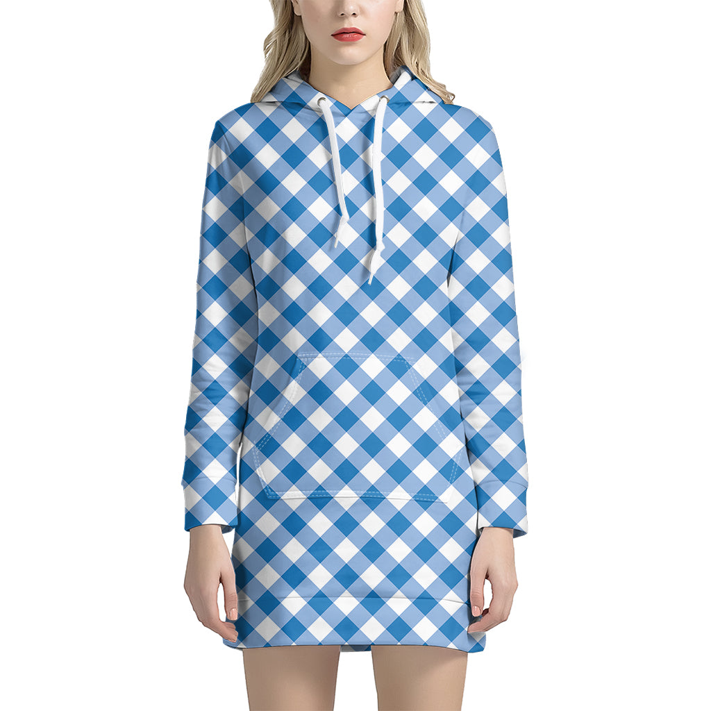 Steel Blue And White Gingham Print Women's Pullover Hoodie Dress