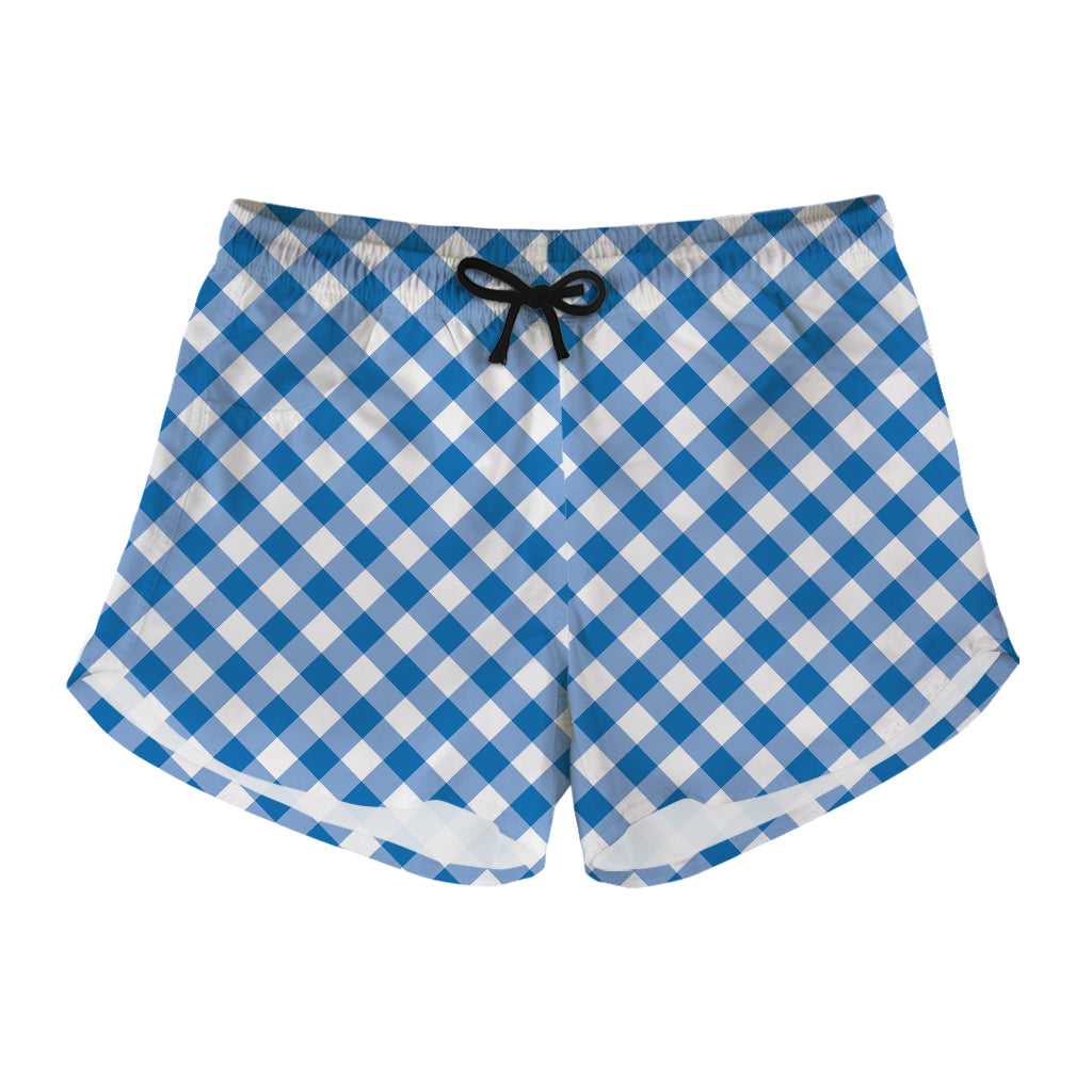 Steel Blue And White Gingham Print Women's Shorts