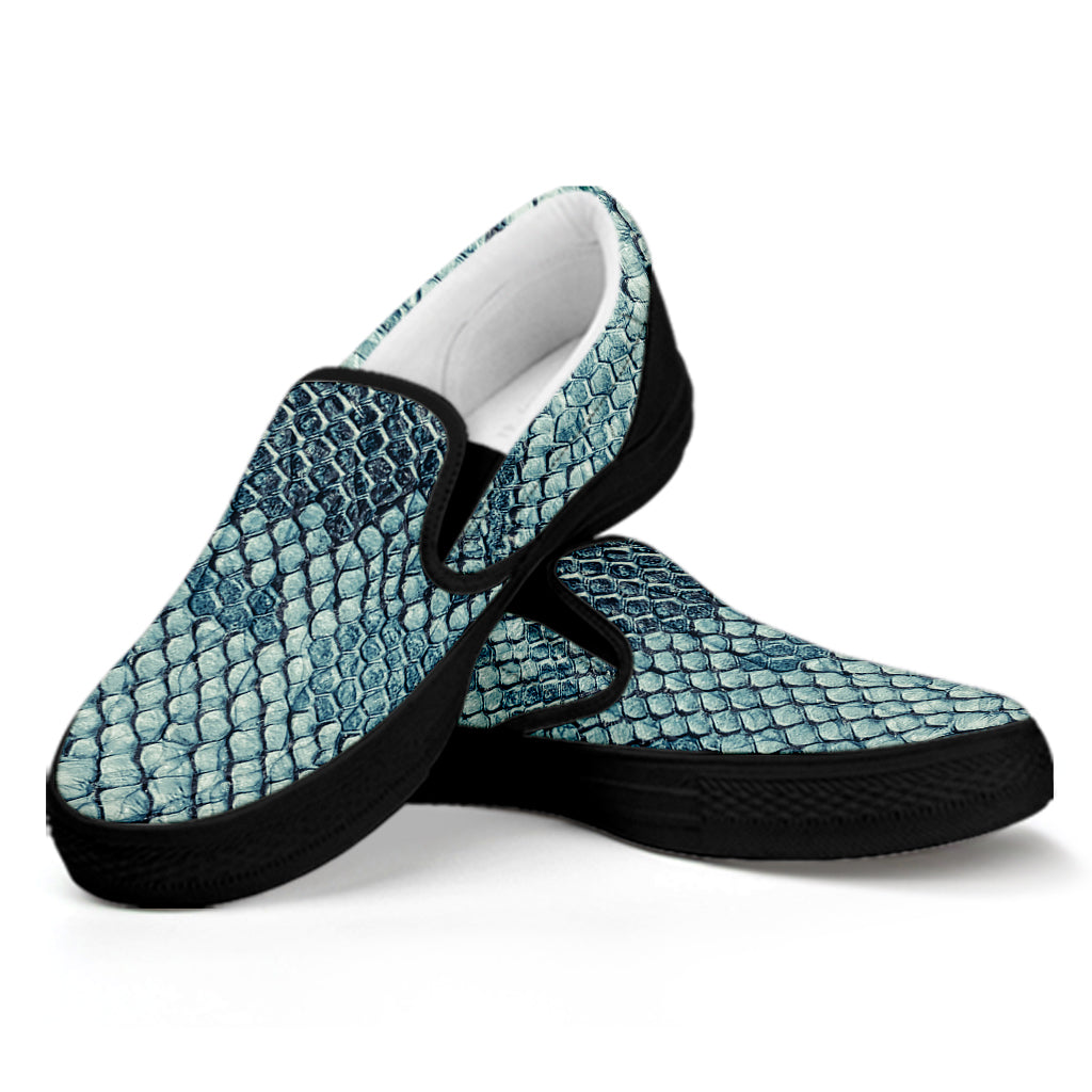 Steel Blue Snakeskin Print Black Slip On Shoes