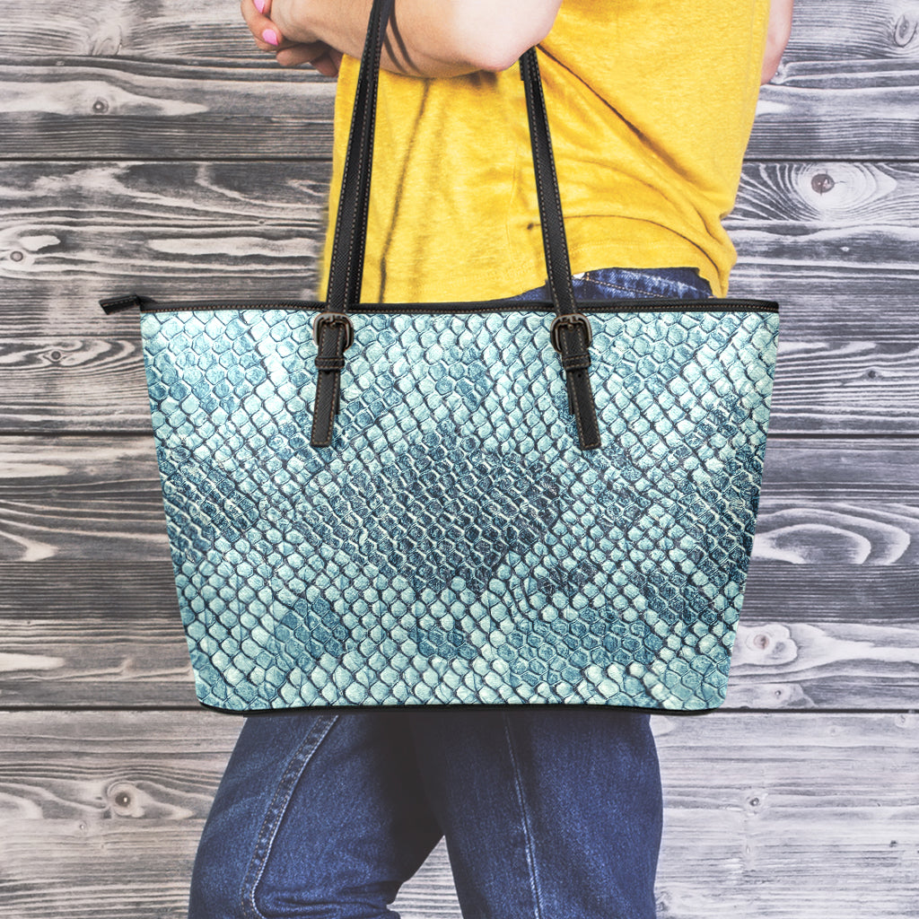 Steel Blue Snakeskin Print Leather Tote Bag