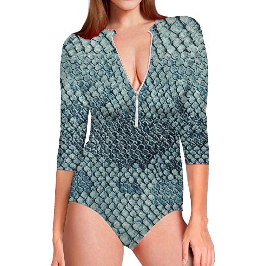 Steel Blue Snakeskin Print Long Sleeve One Piece Swimsuit