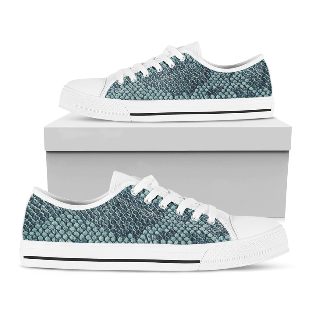 Steel Blue Snakeskin Print White Low Top Shoes