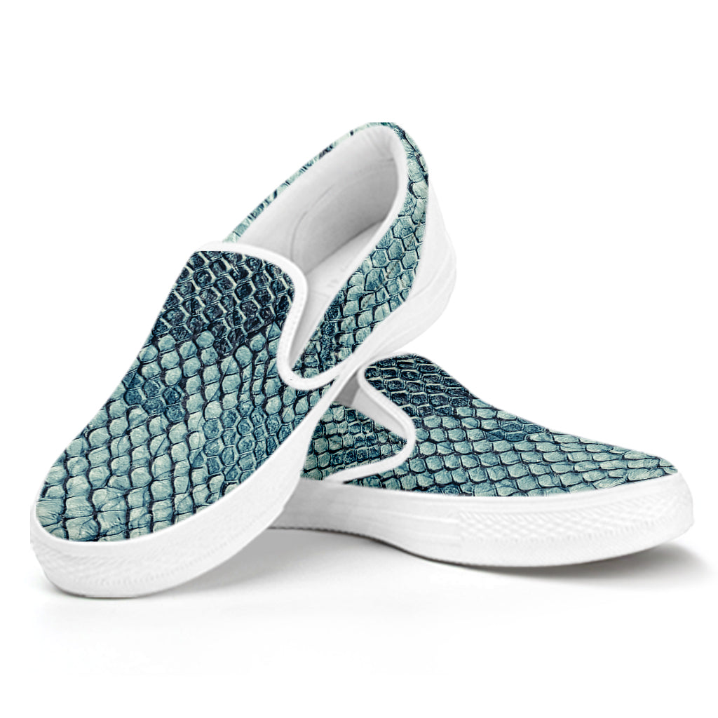 Steel Blue Snakeskin Print White Slip On Shoes