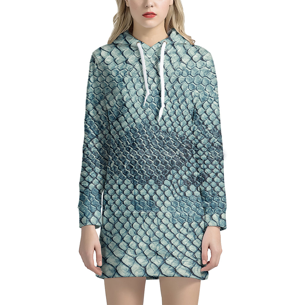 Steel Blue Snakeskin Print Women's Pullover Hoodie Dress