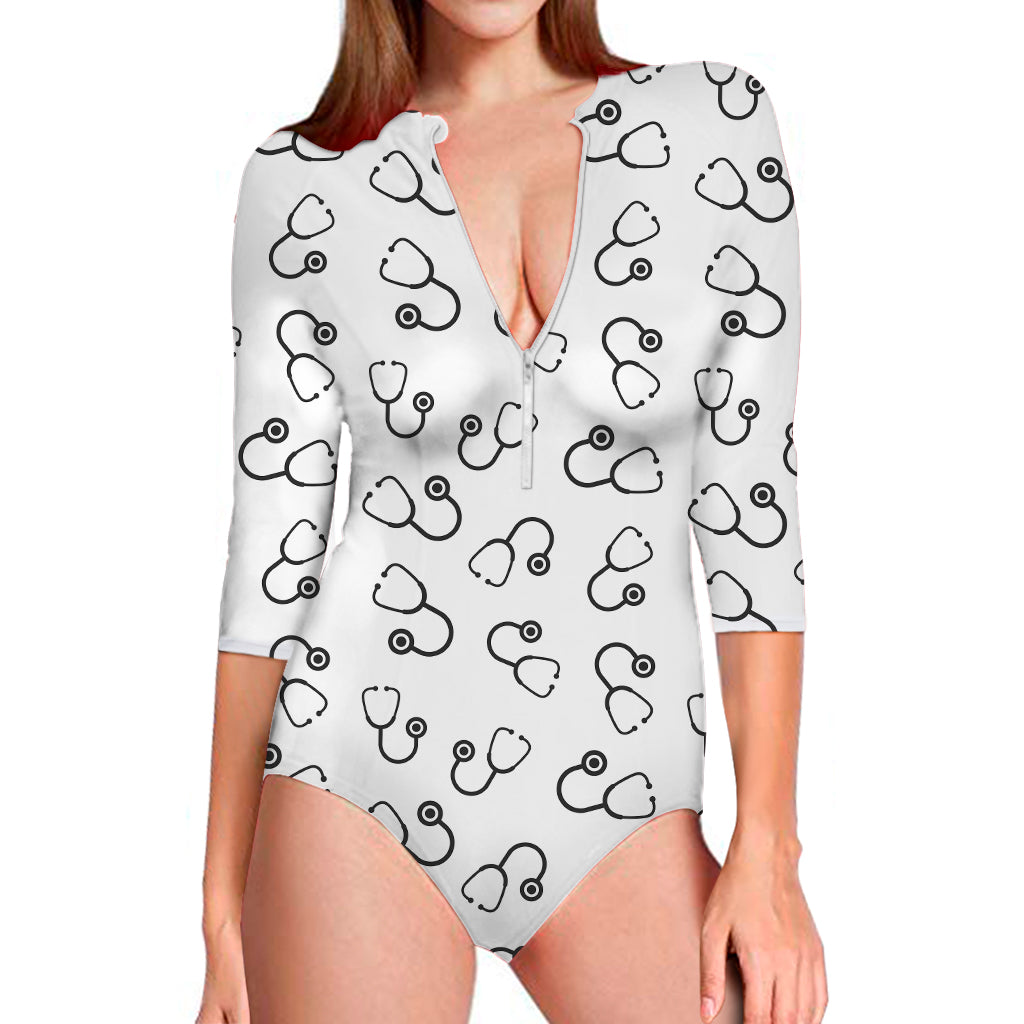 Stethoscope Sign Pattern Print Long Sleeve One Piece Swimsuit