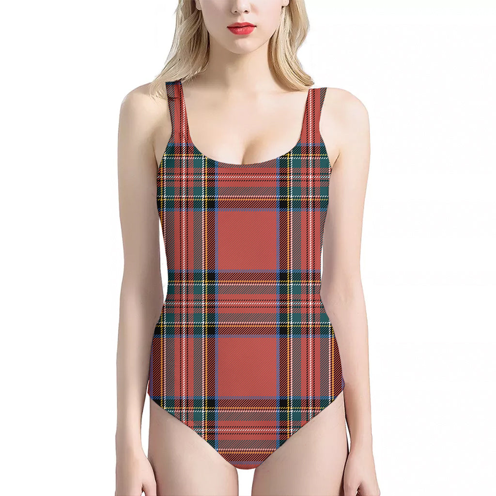 Stewart Tartan Scottish Pattern Print One Piece Halter Neck Swimsuit