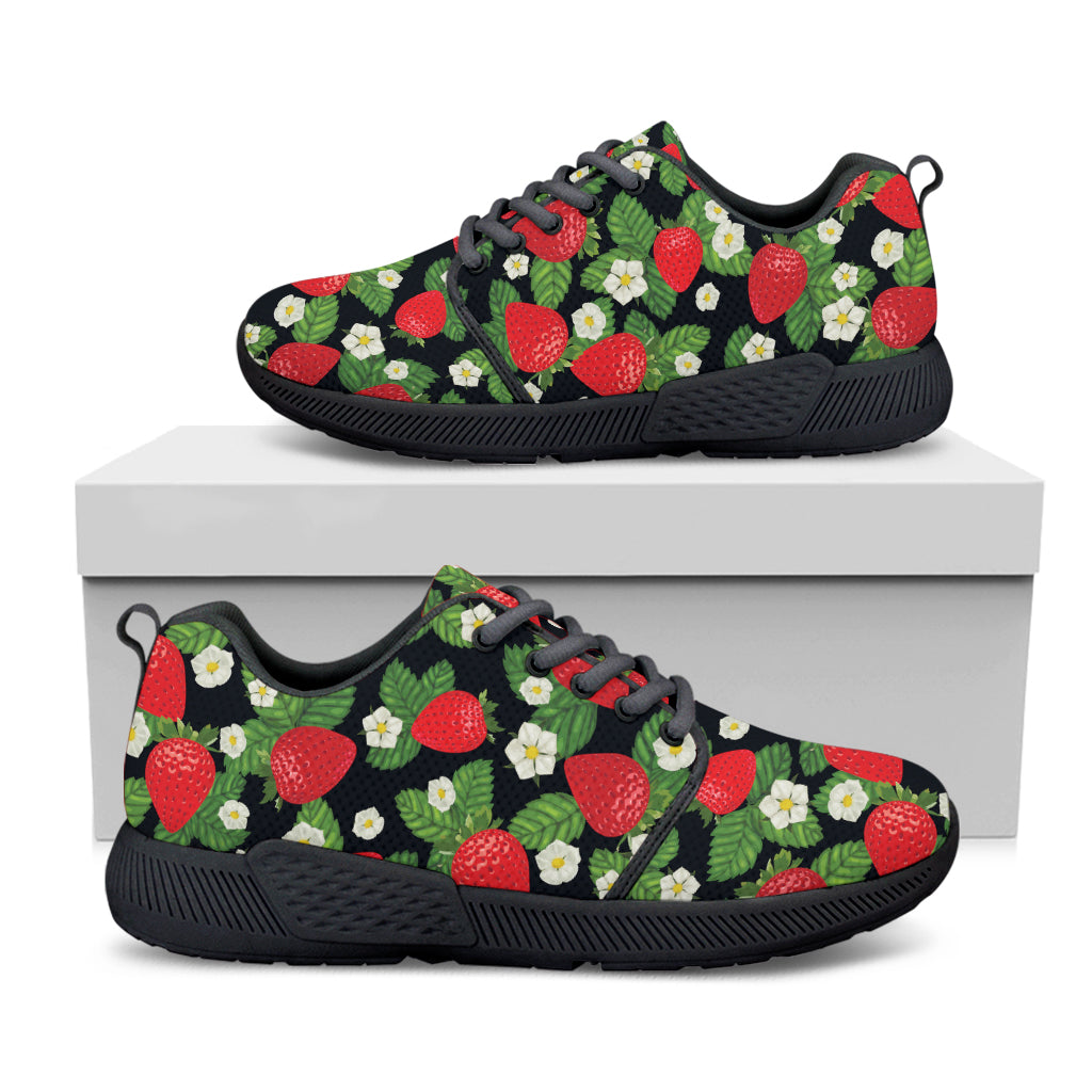 Strawberry And Flower Pattern Print Black Athletic Shoes