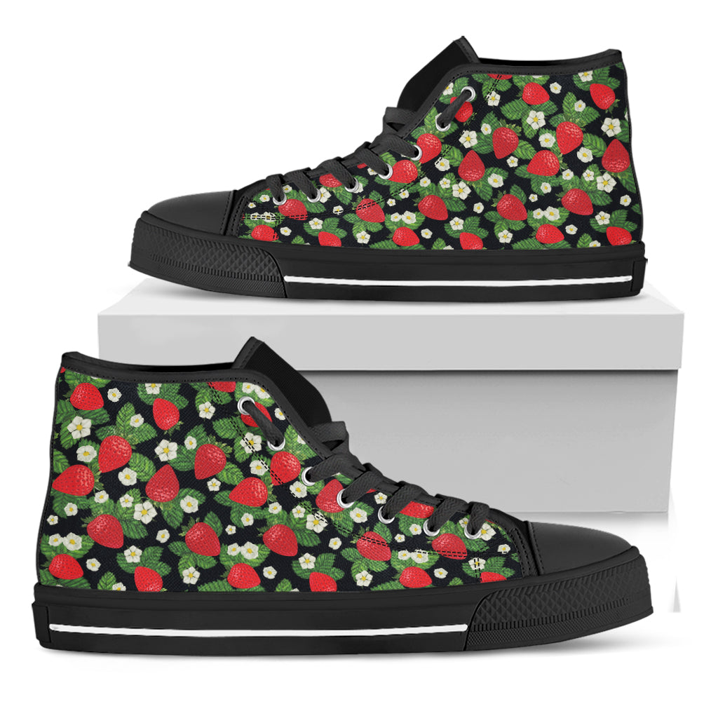 Strawberry And Flower Pattern Print Black High Top Shoes