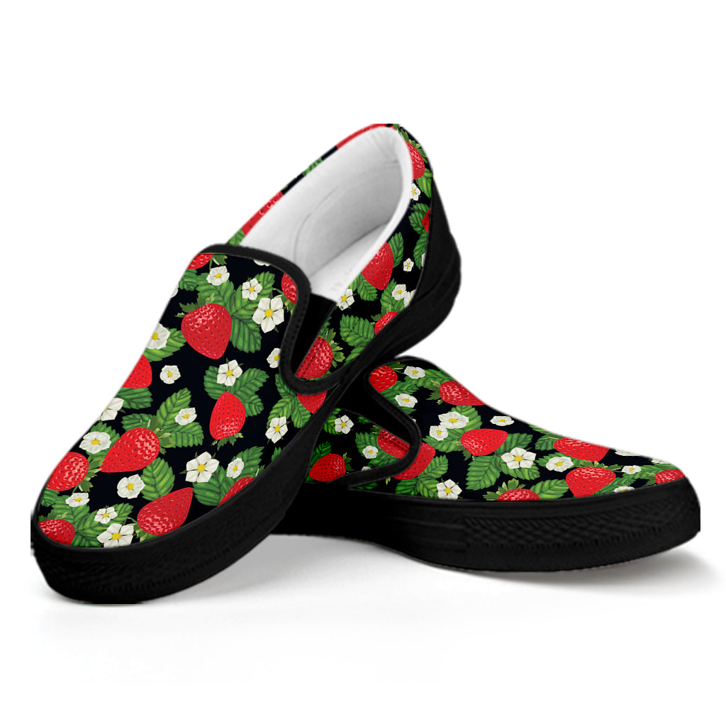 Strawberry And Flower Pattern Print Black Slip On Shoes