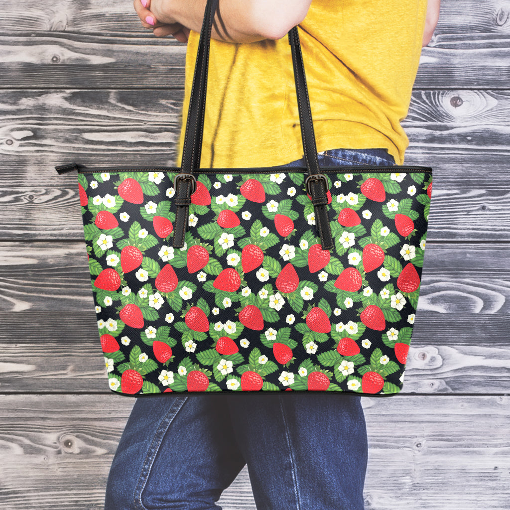 Strawberry And Flower Pattern Print Leather Tote Bag