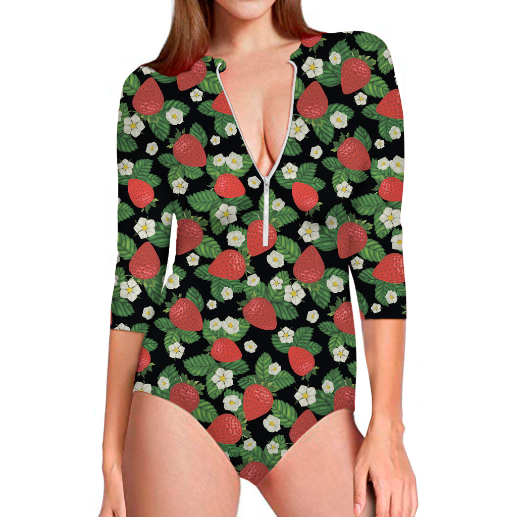 Strawberry And Flower Pattern Print Long Sleeve One Piece Swimsuit