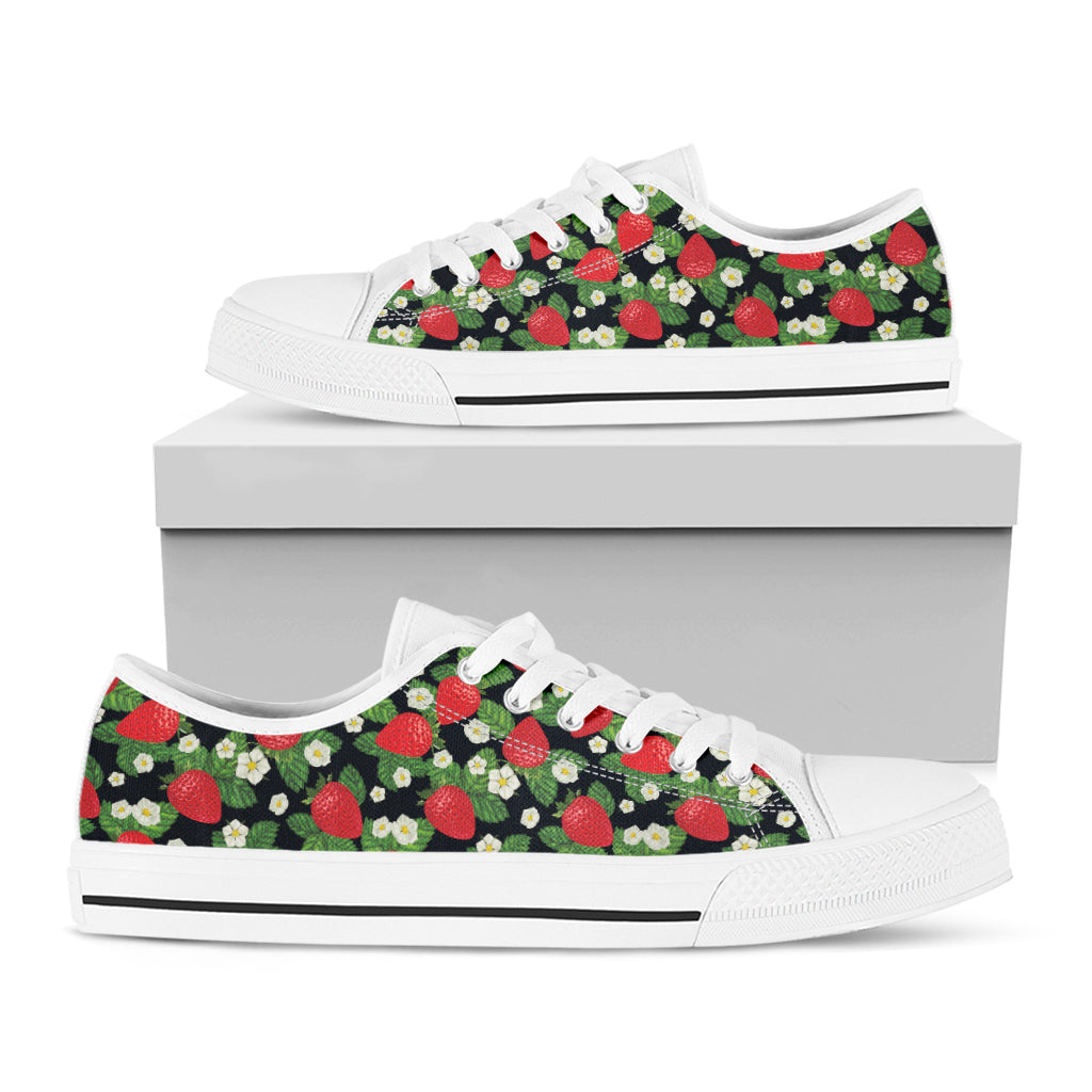 Strawberry And Flower Pattern Print White Low Top Shoes