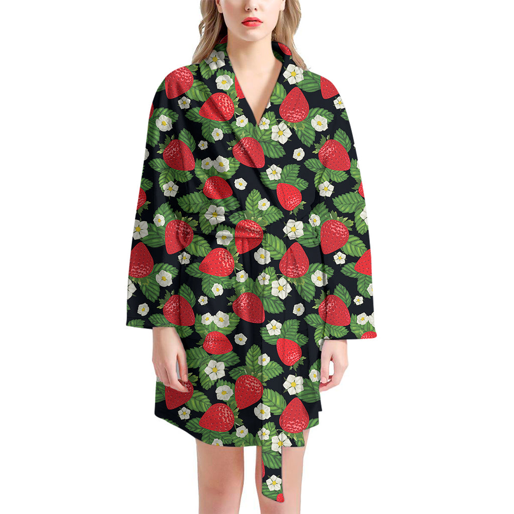 Strawberry And Flower Pattern Print Women's Bathrobe