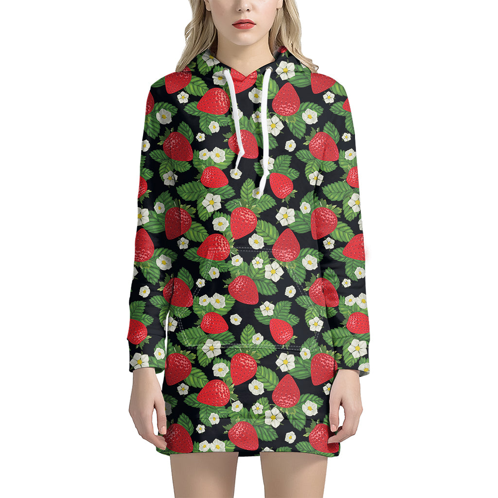 Strawberry And Flower Pattern Print Women's Pullover Hoodie Dress