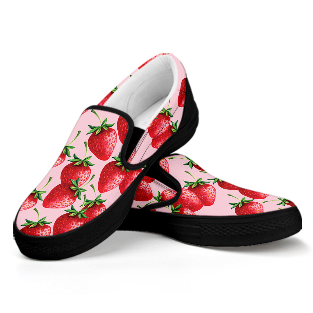 Strawberry Fruit Pattern Print Black Slip On Shoes