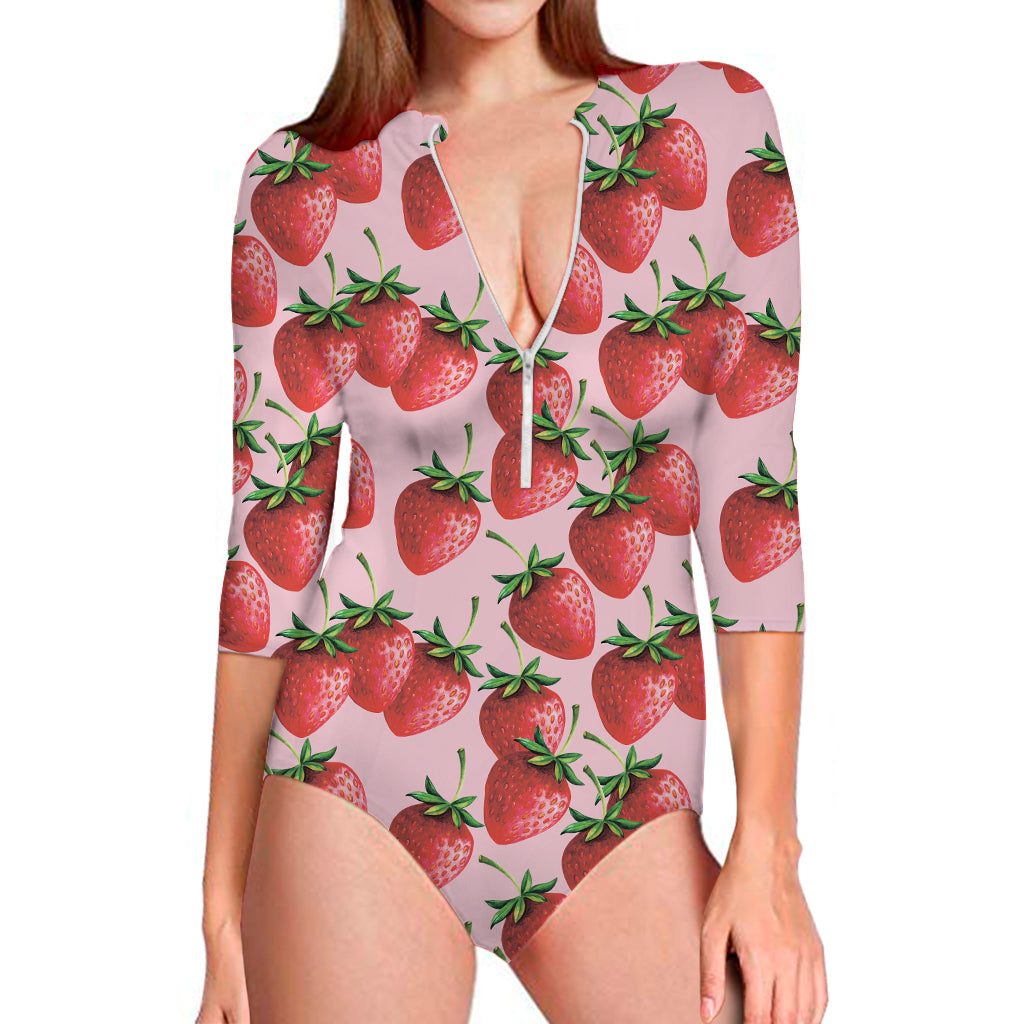 Strawberry Fruit Pattern Print Long Sleeve One Piece Swimsuit