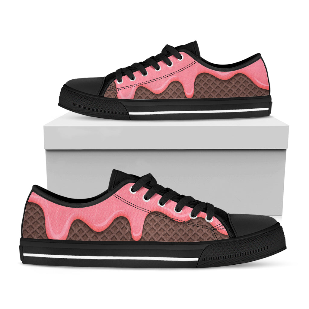 Strawberry Ice Cream Melted Print Black Low Top Shoes