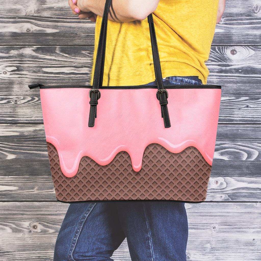 Strawberry Ice Cream Melted Print Leather Tote Bag