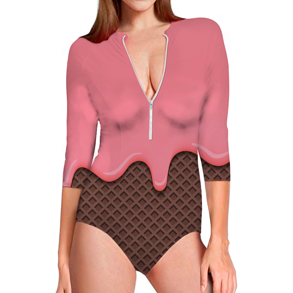 Strawberry Ice Cream Melted Print Long Sleeve One Piece Swimsuit