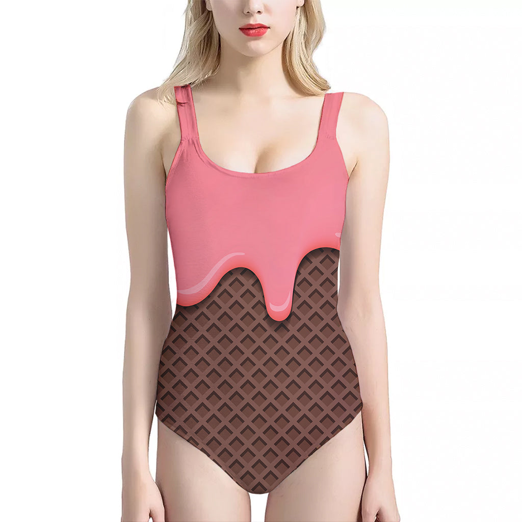 Strawberry Ice Cream Melted Print One Piece Halter Neck Swimsuit