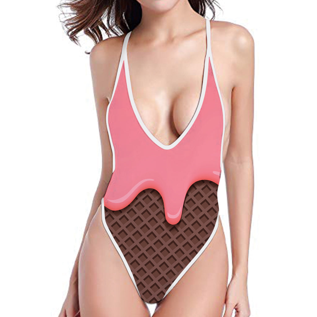 Strawberry Ice Cream Melted Print One Piece High Cut Swimsuit