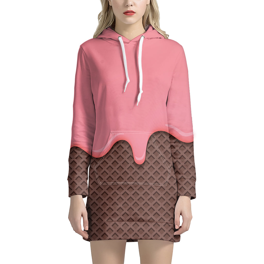 Strawberry Ice Cream Melted Print Women's Pullover Hoodie Dress