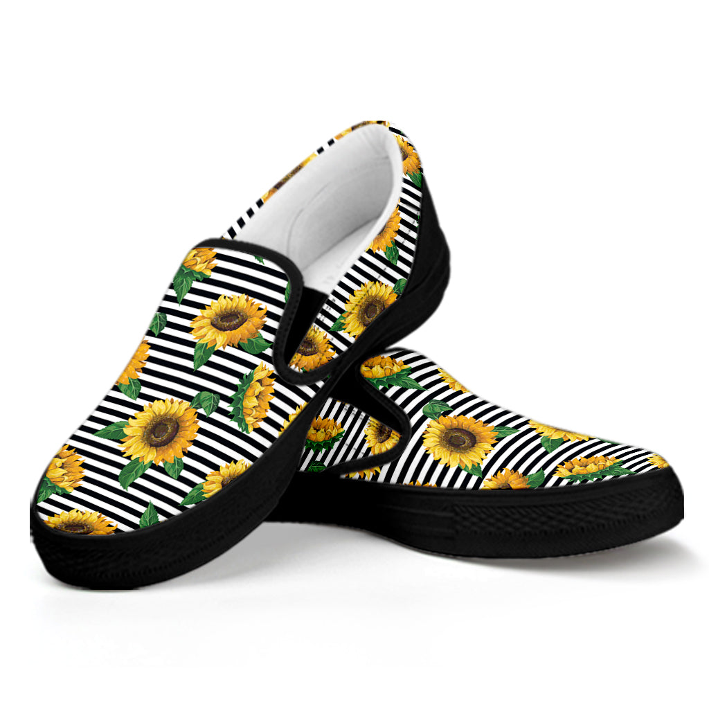 Stripe Sunflower Pattern Print Black Slip On Shoes