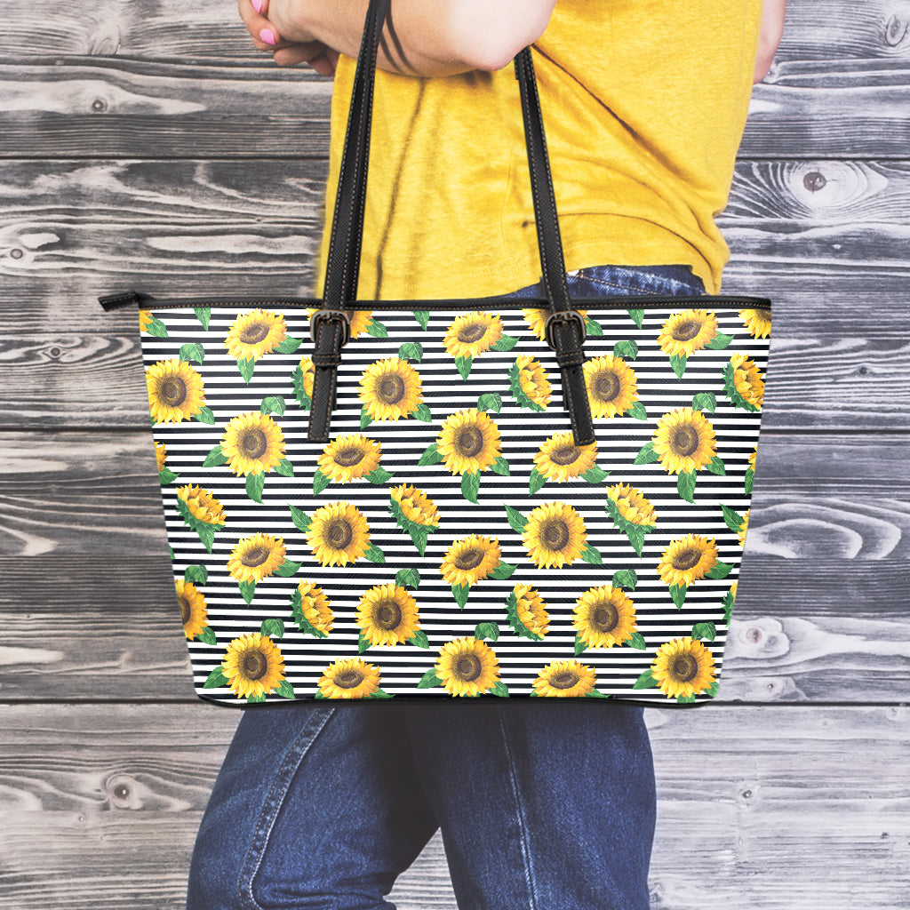 Stripe Sunflower Pattern Print Leather Tote Bag