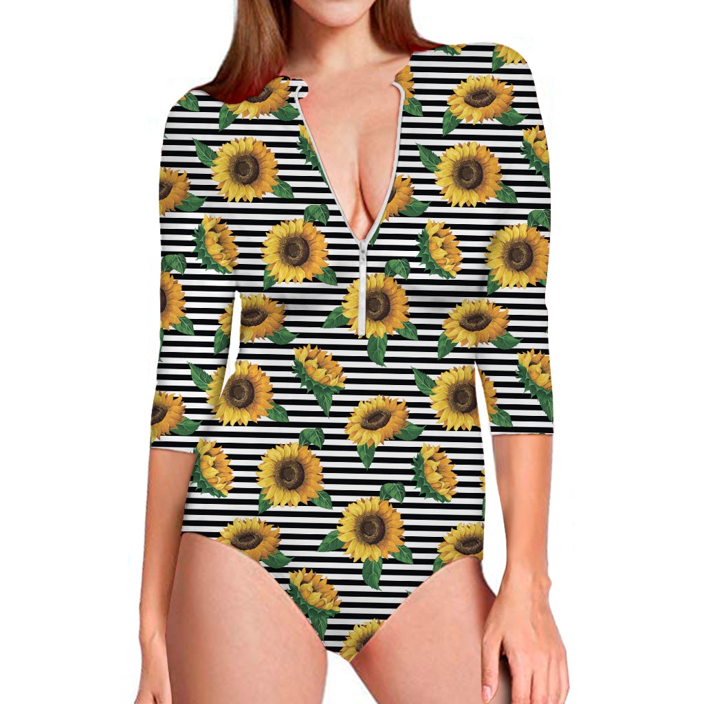 Stripe Sunflower Pattern Print Long Sleeve One Piece Swimsuit