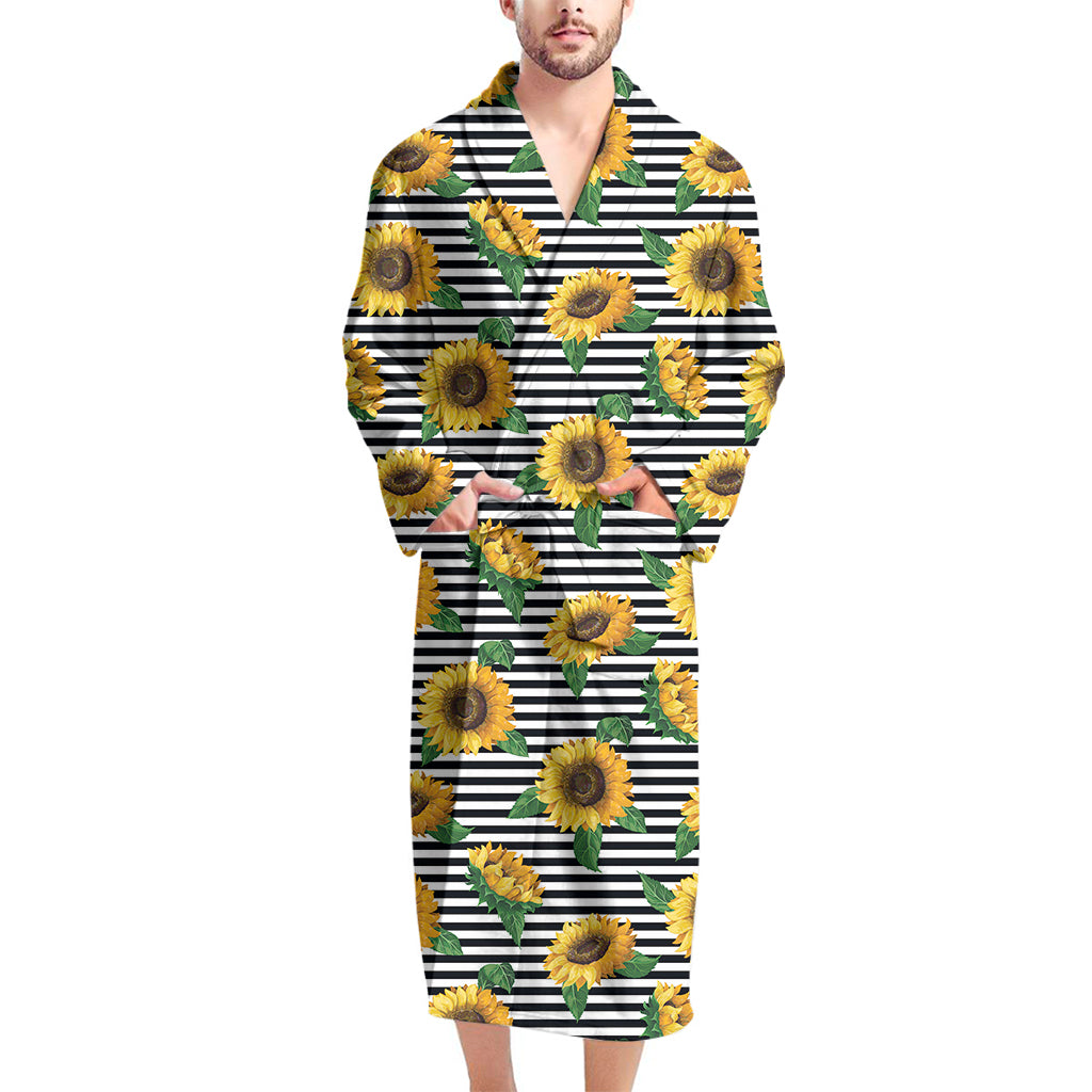 Stripe Sunflower Pattern Print Men's Bathrobe