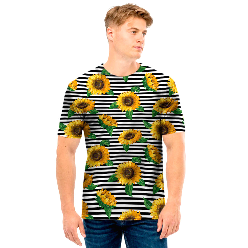 Stripe Sunflower Pattern Print Men's T-Shirt