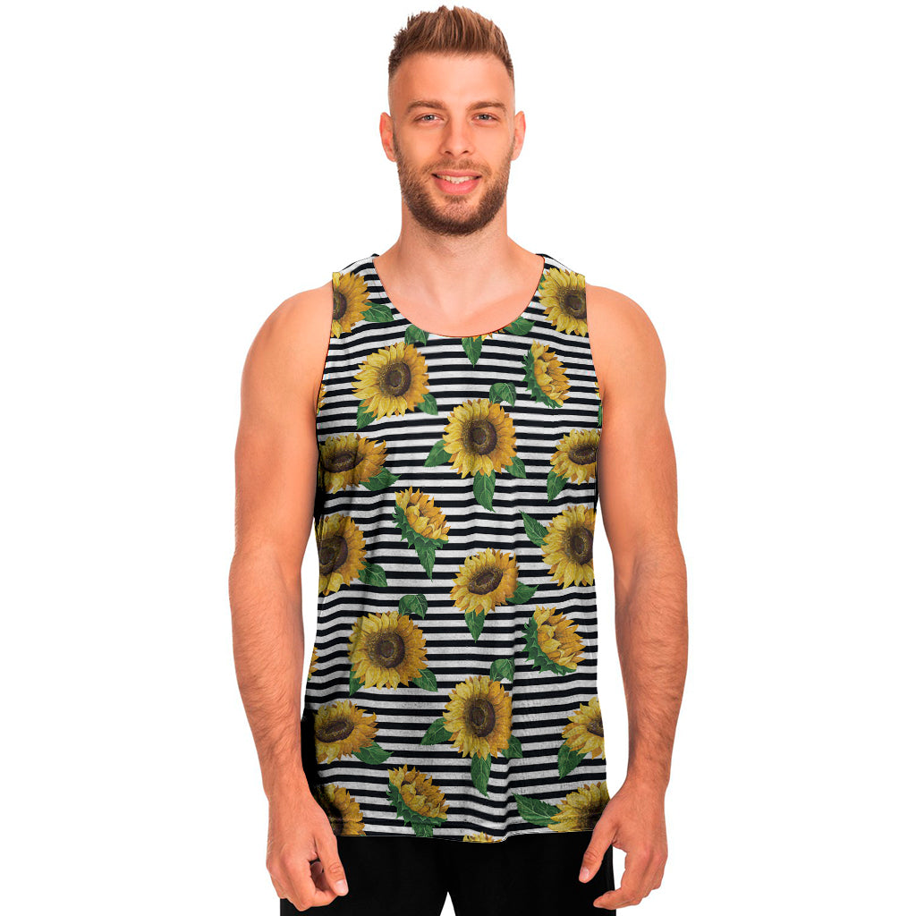 Stripe Sunflower Pattern Print Men's Tank Top