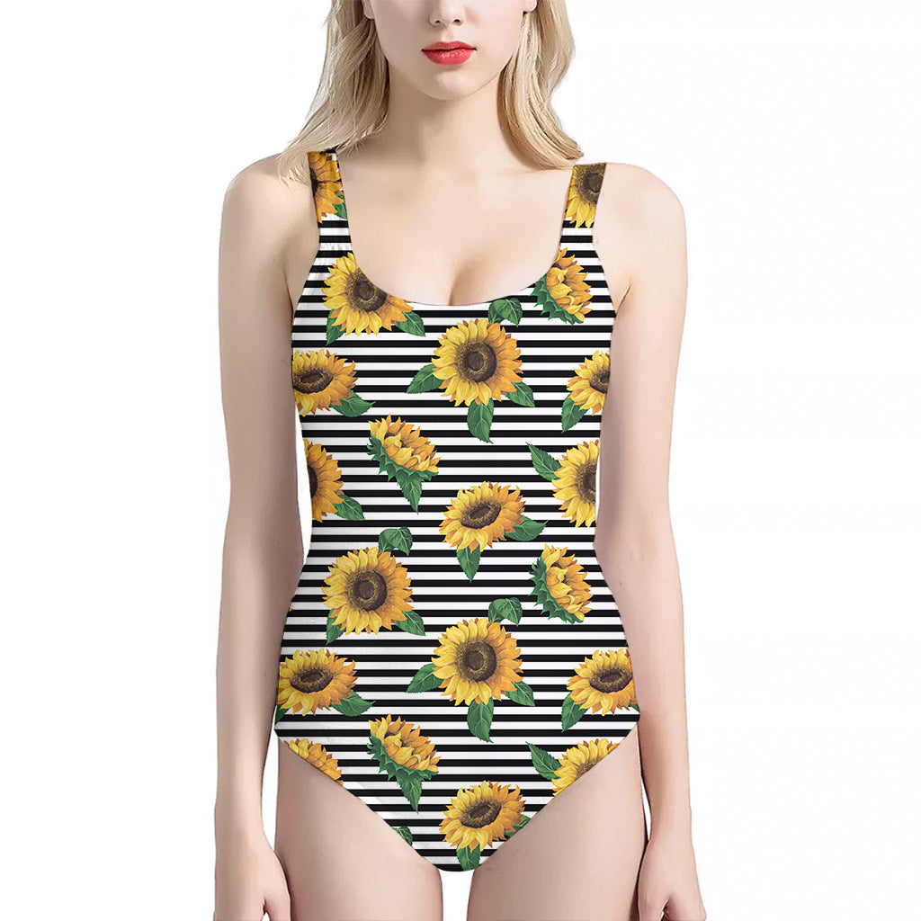 Stripe Sunflower Pattern Print One Piece Halter Neck Swimsuit