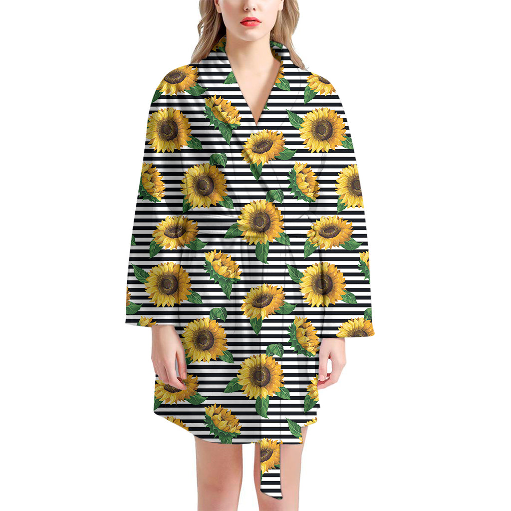 Stripe Sunflower Pattern Print Women's Bathrobe