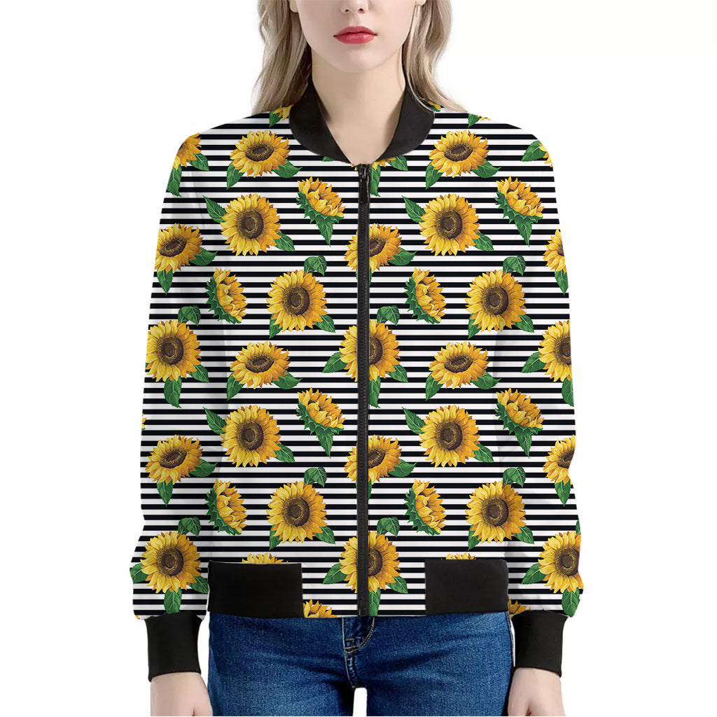 Stripe Sunflower Pattern Print Women's Bomber Jacket