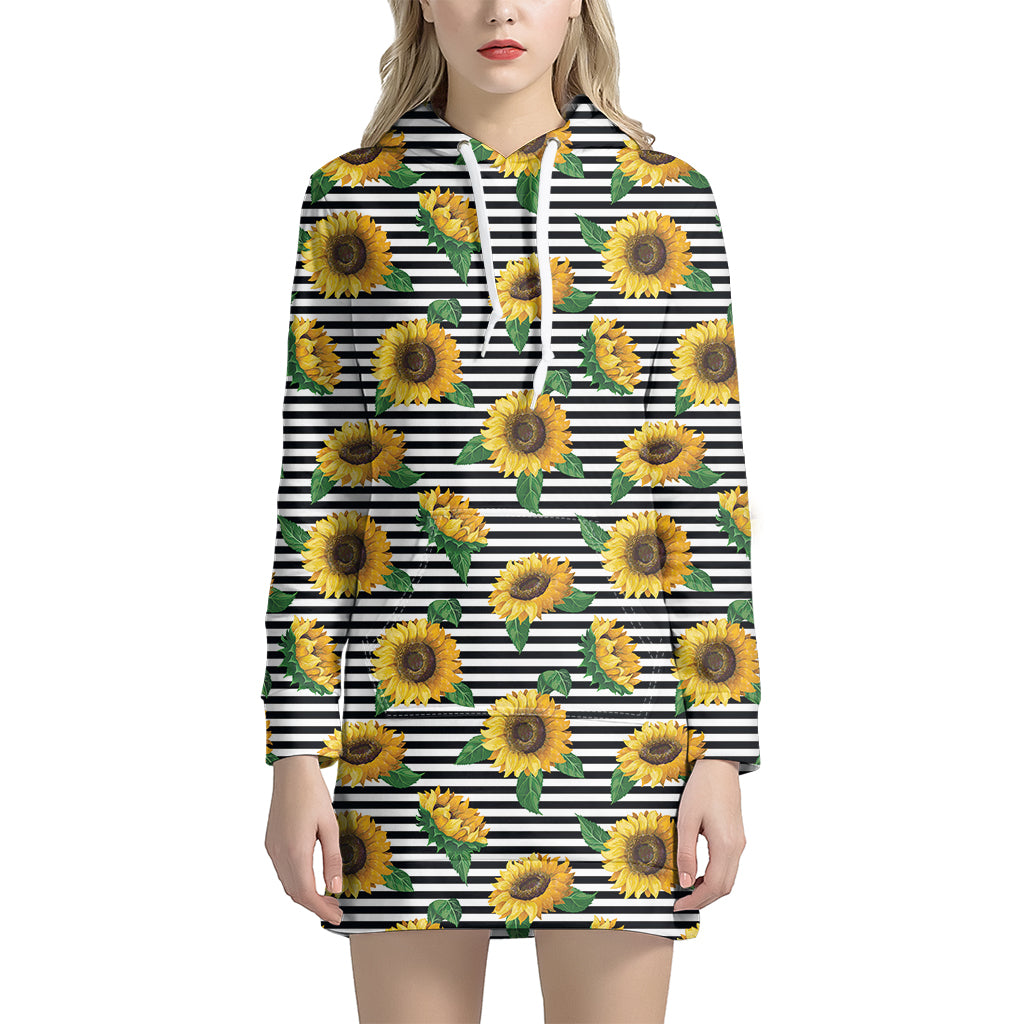 Stripe Sunflower Pattern Print Women's Pullover Hoodie Dress