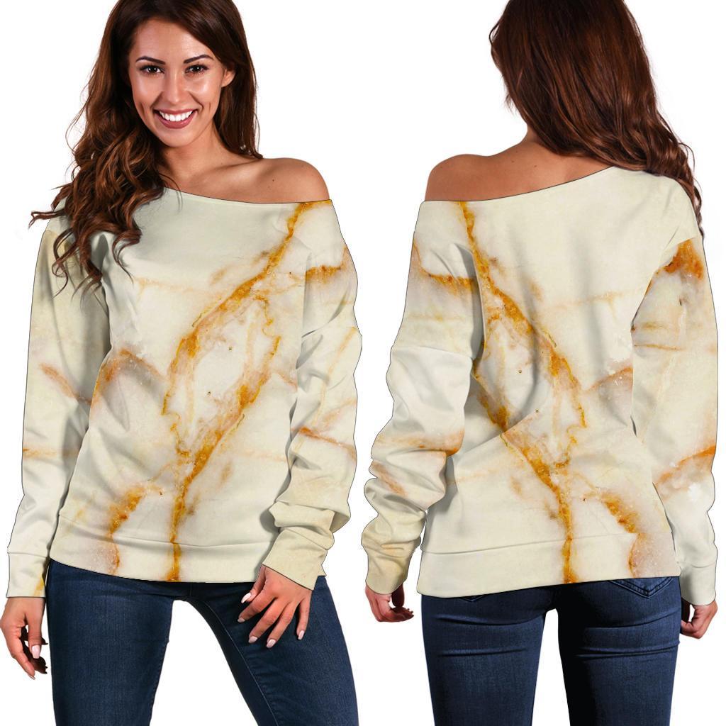 Sugar Brown Marble Print Women's Off-Shoulder Sweatshirt