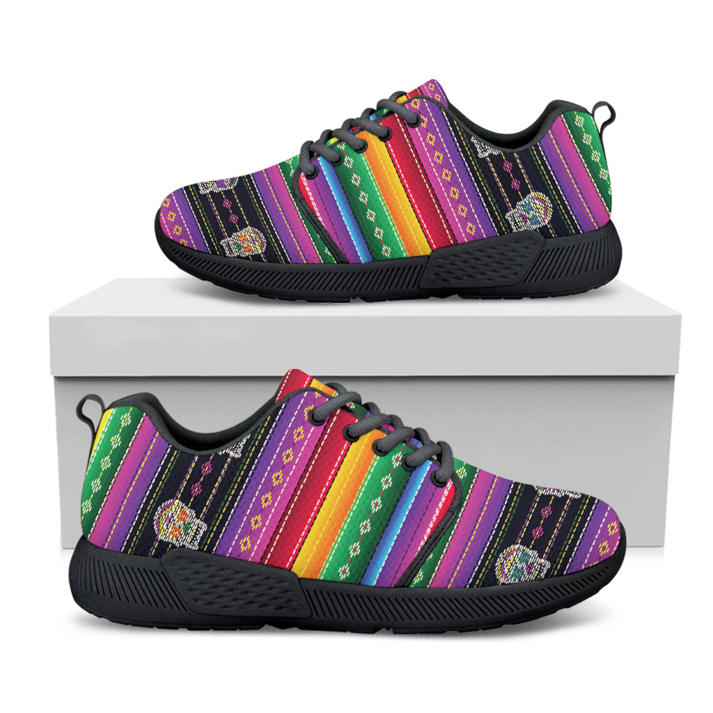 Sugar Skull Mexican Serape Pattern Print Black Athletic Shoes